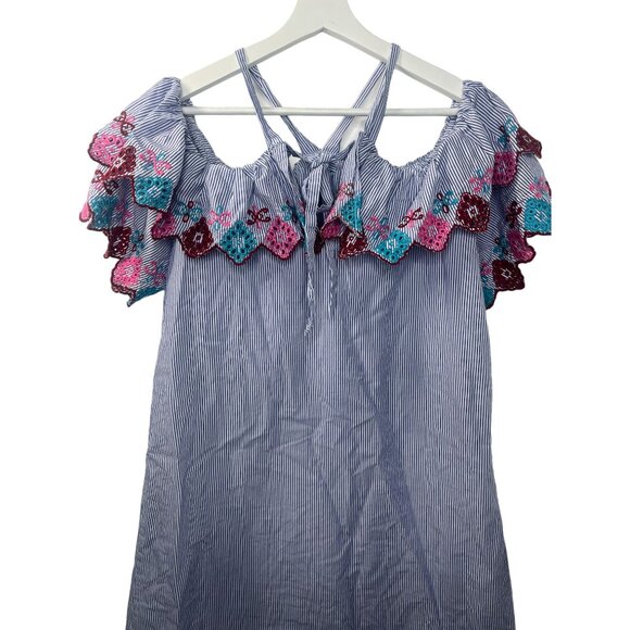 LOFT Embroidered Off Shoulder Blue Stripe Dress XS Boho Summer Casual - Picture 8 of 13